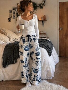 Katie Kime Ski Toile Pajama Pants Blue White Après Ski Euro Winter Lounge Cotton